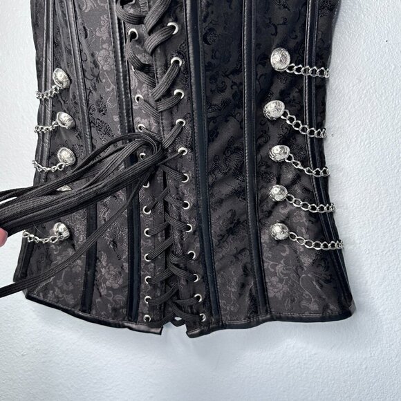 Victorian Steampunk Black Brocade Boned Corset with Chain - Picture 4 of 6